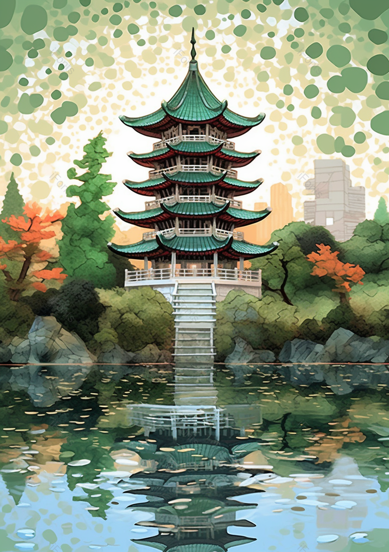 绿色中国风手绘中式建筑池塘背景,插画/手绘图,插画/手绘图库,插画/手绘图下载,插画/手绘